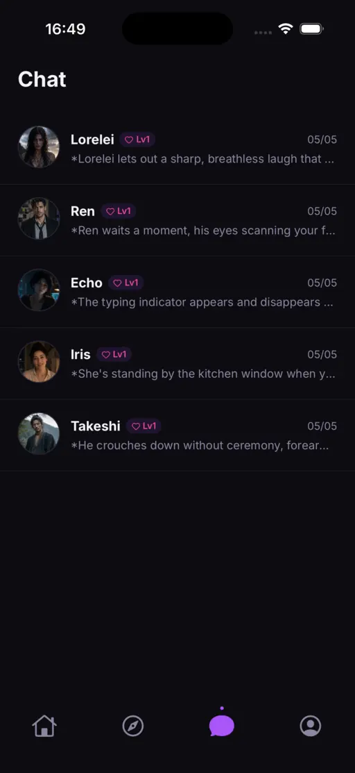 VarenChat chat list showing active AI roleplay conversations