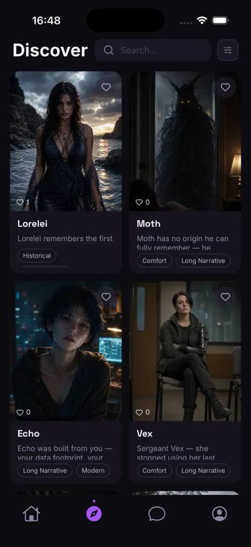 VarenChat discover screen for browsing AI roleplay characters