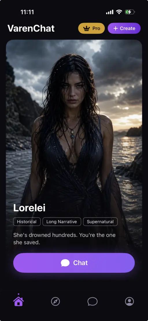 VarenChat home screen showing AI roleplay stories and featured characters